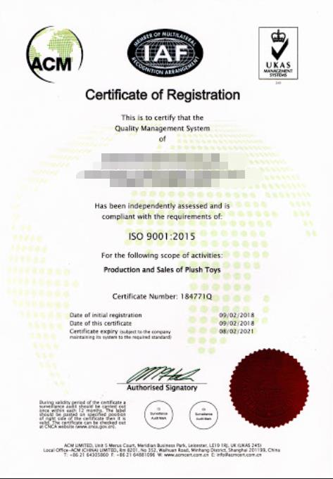 ISO 9001 2015 certificates Toys
